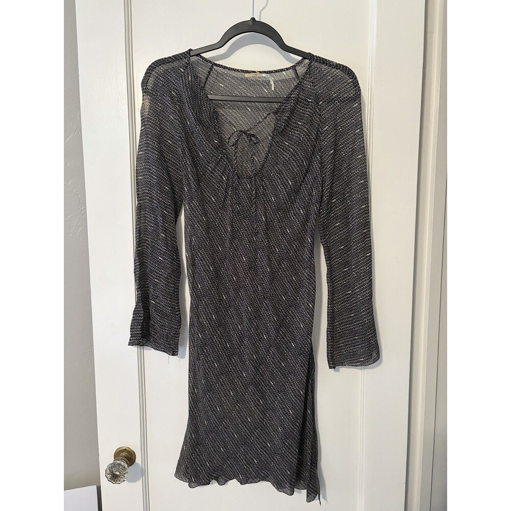 Sheer Silk Mini Dress Tie Front Y2K Indie Flowy Mini Long Sleeve Black Gray XS